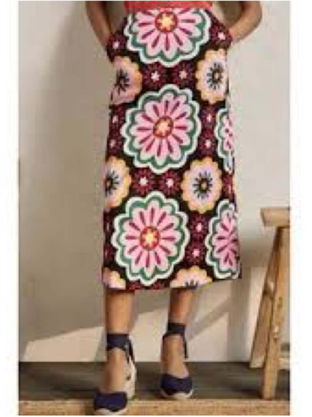Boden Black A-Line Skirt with Pink, Green and Yellow Floral Print